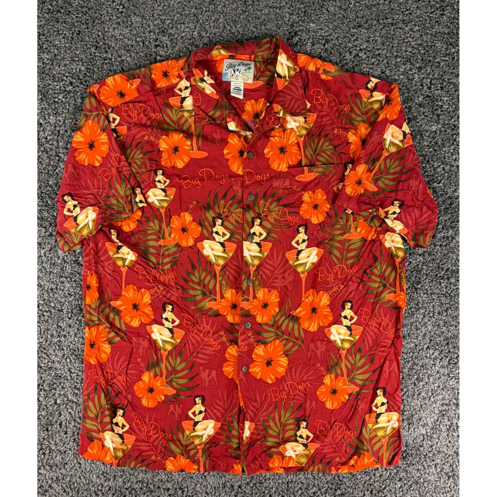 Big Dogs Mens XL Red Tropical Pin Up Girl Martini Rayon Hawaiian Camp Shirt